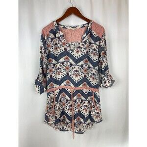 EUC En Elly Anthropologie XS Pink Floral Tunic Drawstring Pockets Roll Tab Flowy